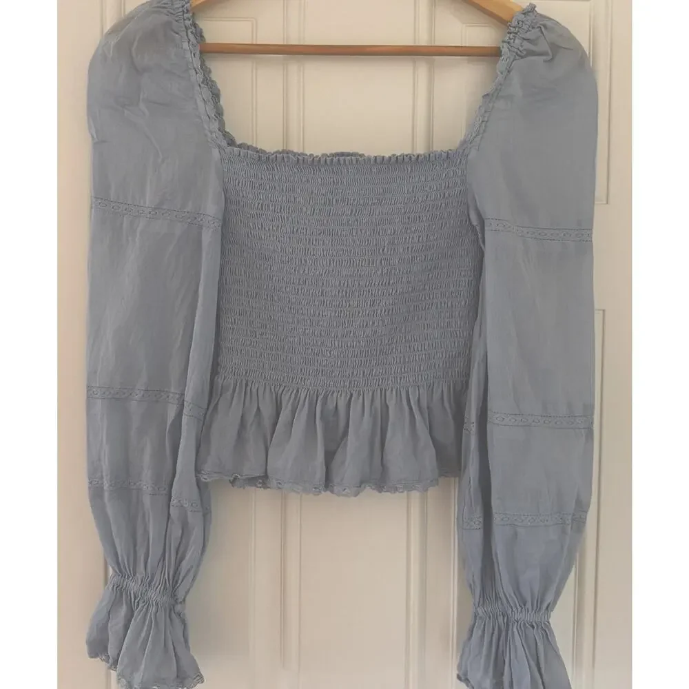 Reformation Roland‎ XS blue Mineral Square Neck Smocked Ruffle Peasant Blouse